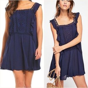 Free People Ruffled Crochet Trim Dress in Navy